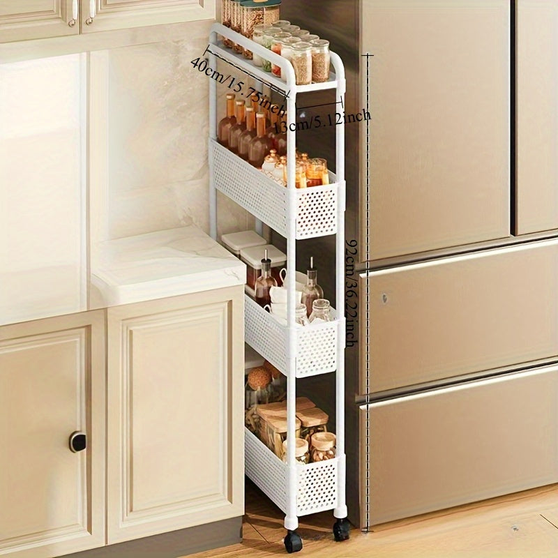 Space-Saving 5.12-Inch Narrow Storage Cabinet - 3-Tier Durable Plastic Freestanding Organizer with Wheels, Black & White Matte Design, Suitable for Bathroom, Kitchen, Living Room - Easy Assembly, Under 30 lbs Capacity, Vertic