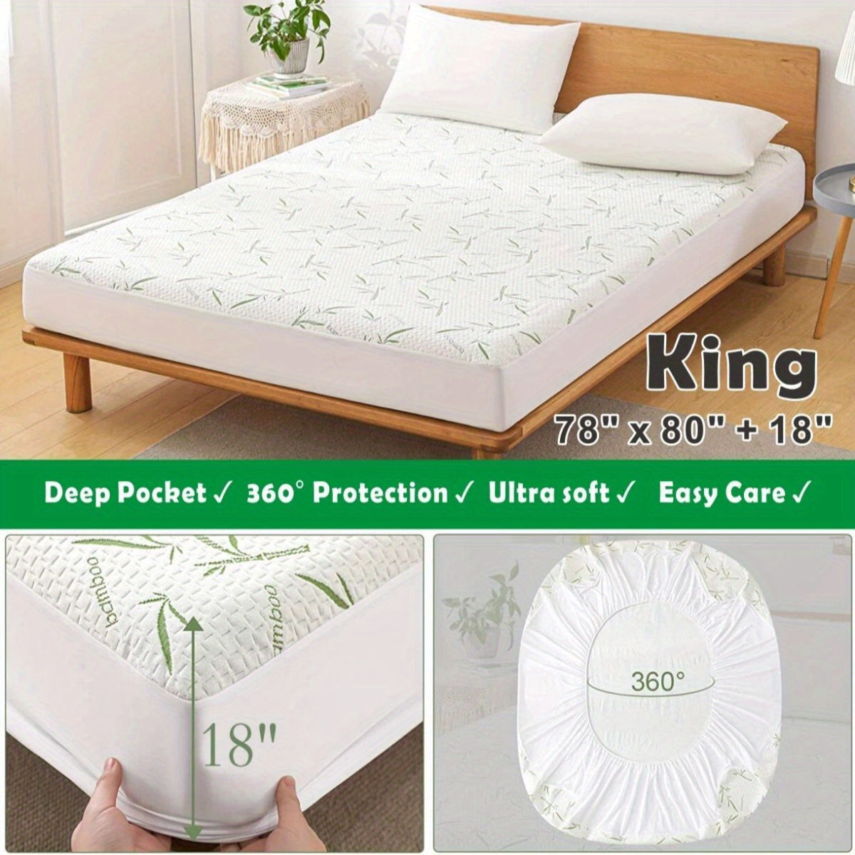 1/2pcs 100% Bamboo Fiber Mattress Cover - Breathable Bamboo Waterproof Mattress Protector - 4-Layer Waterproof Bamboo Mattress Protector With Jacquard Weave - Cooling Mattress Cover Breathable Ultra Soft - Mattress Pad Noisel