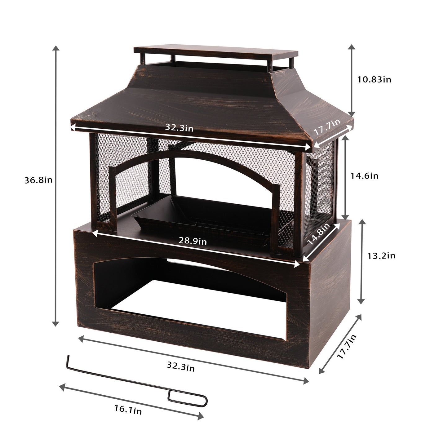 37 Inch Outdoor Wood Burning Fireplace with Wood Storage and Fire Poker, Large Metal Fire Pit for Patio Garden Deck Backyard, Rectangular Outdoor Fireplace