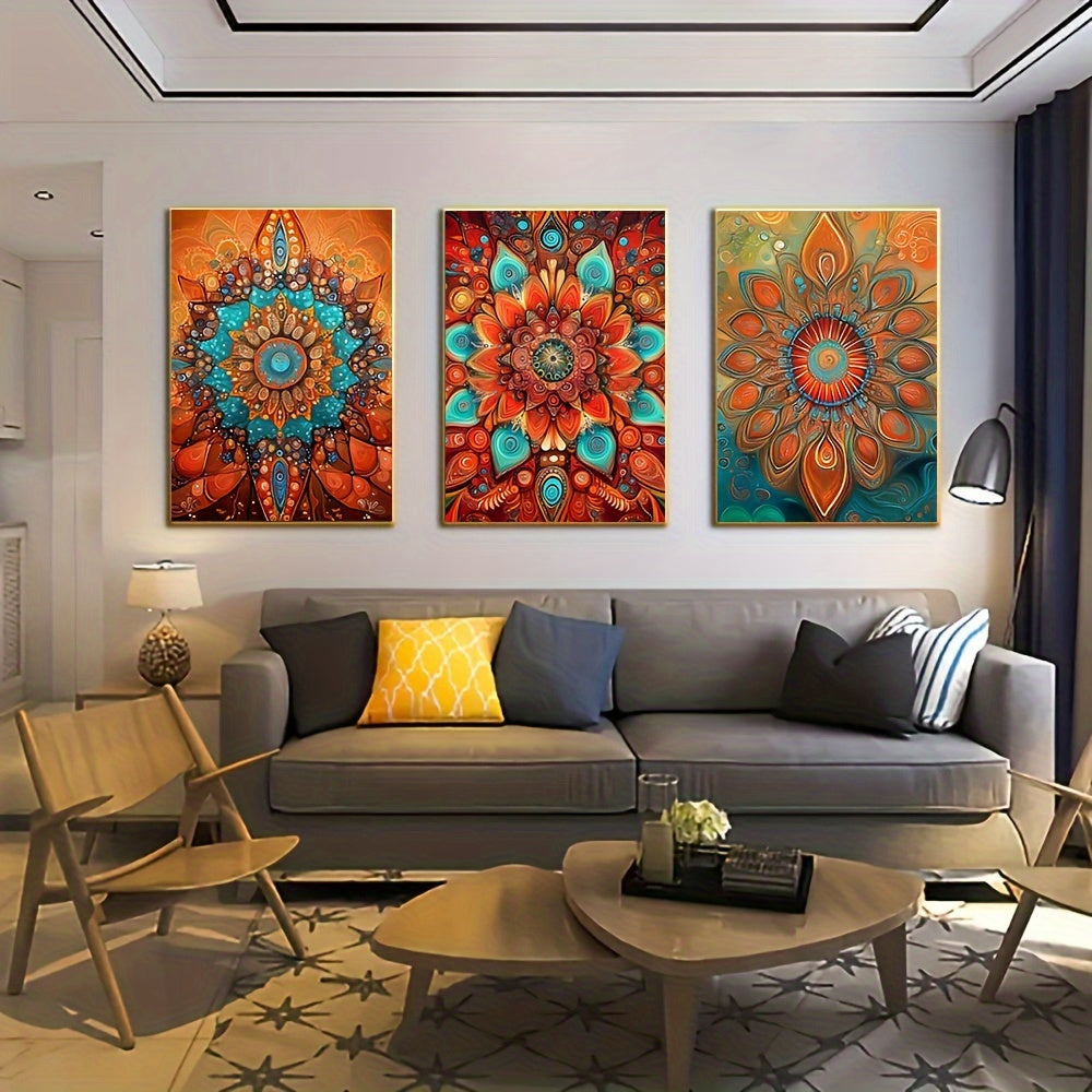 3pcs Bohemian Abstract Floral Canvas Art Set, Geometric Mandala Wall Decor, Unframed Spray-Painted Posters for Living Room, Bedroom, Home Office - Classic Retro Style, Vertical Orientation