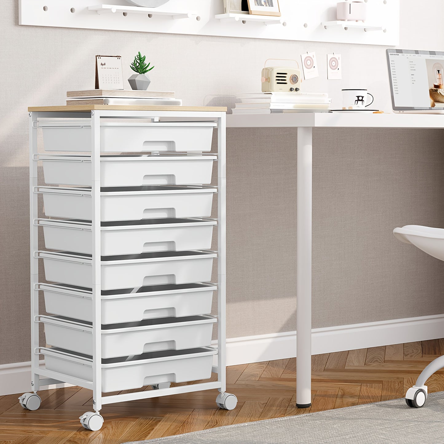 Rolling Storage Cart with Drawers, Utility Cart with 8 Drawers And Tabletop, Rolling Drawer Cart, Storage Drawer Cart for Living Room, Classroom, Bedroom, Bathroom, Dorm, Office, Dark Grey