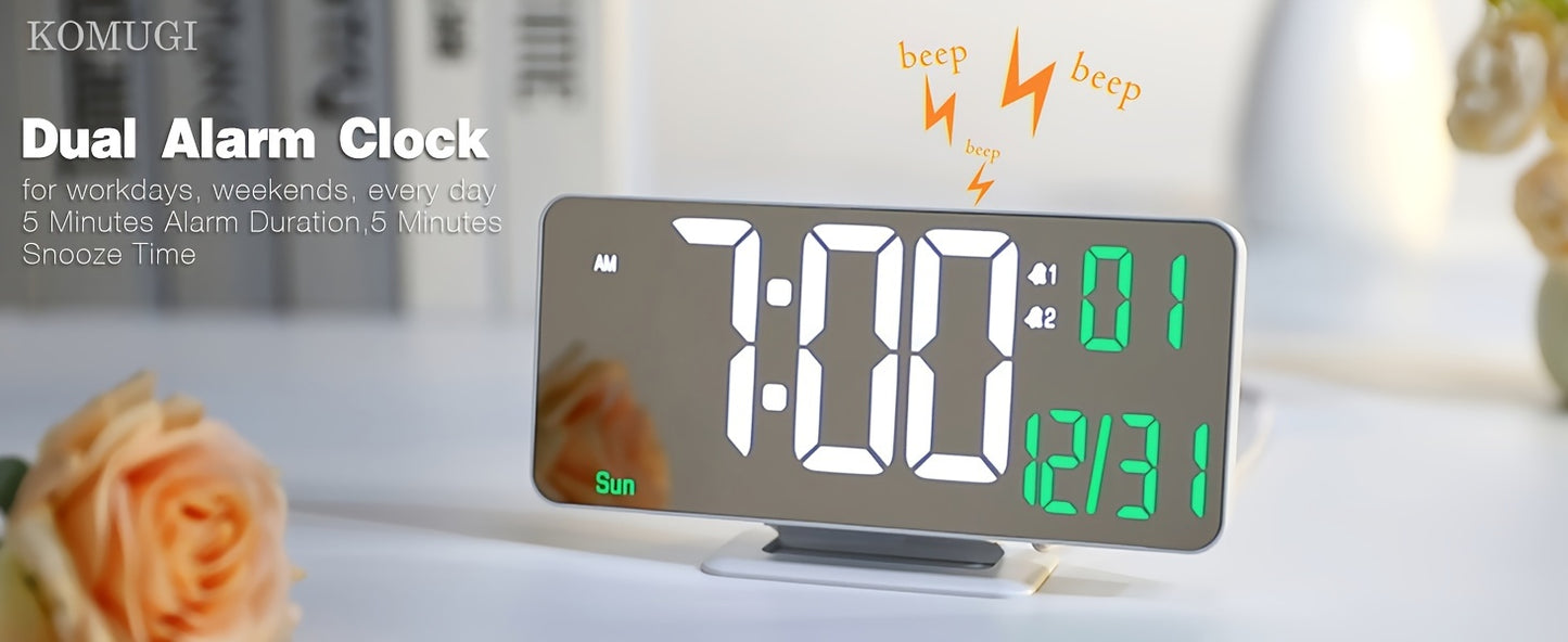 1pc Alarm Clock For Bedroom, 6. 7" Desk Digital Clock, Led Clock, Mirror Clock, Dual Alarm Clock For Living Room With Seconds, Date, Week, 12/24h, Dimming