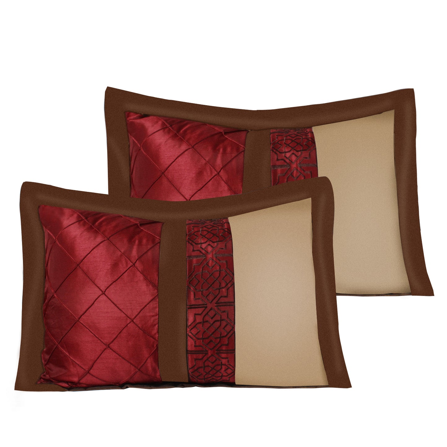 7 Piece Comforter Set -Burgundy Series Patchwork Diamond Pintuck-MYA Bed In A Bag Queen Size-Soft, Hypoallergenic, Fade Resistant-1 Comforter, 2 Shams, 3 Decorative Pillows, 1 Bedskirt