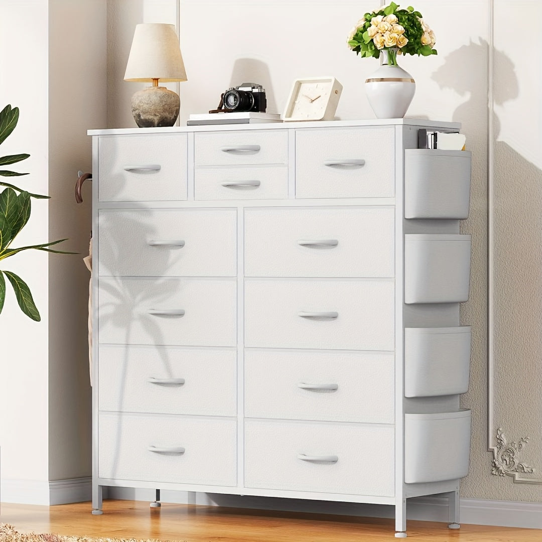 AOWOS 12 Drawer Fabric Dresser with Metal Frame And Wooden Tabletop, Chest of Drawers with Side Pockets And Hooks, Storage Dresser, Fabric Storage Tower, Fabric Drawer Organizer for Bedroom, Living Room, Closet, Hallway