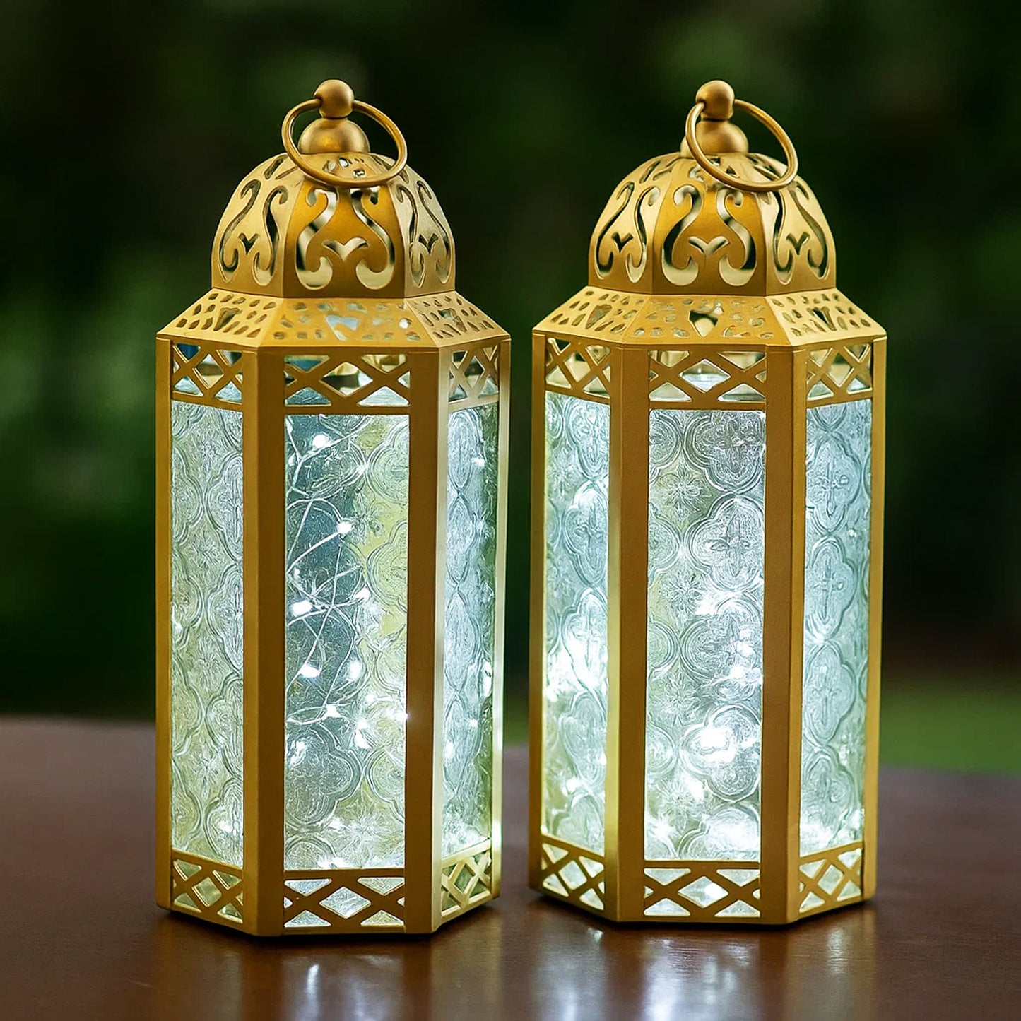 Stunning Ambient Lighting Safe and Stylish Glass Metal Moroccan Candle Lantern Holder Lamp with Battery-Operated LED Lights plus Remote Control – Handcrafted Lantern with Intricate Design and Embossed Glass, Indoor Home Dec