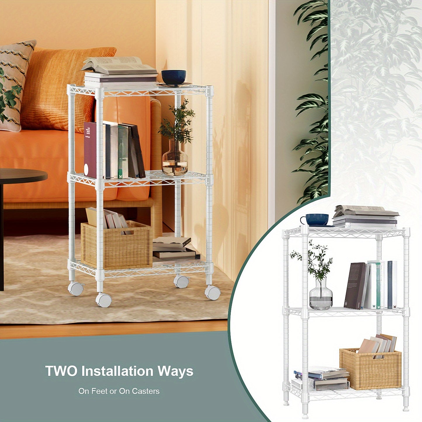 Adjustable Height Heavy-Duty Steel Wire Shelving Unit with 4-Wheel Mobility & Leveling Feet - 3-Tier Metal Storage Shelves with Chrome Finish, Space-Saving Freestanding Organizer for Kitchen, Bathroom, Garage, Laundry Room -