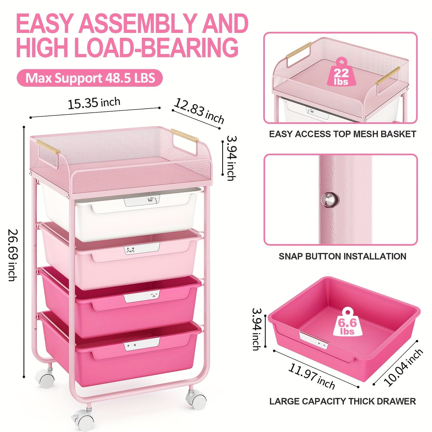 Pink Rolling Utility Cart with 4 Drawers & 4-Tier Mesh Top - Mobile Storage Organizer with 4pcs DIY Lable Drawers, Durable Metal Frame, 3.2 Cu Ft Capacity, Compact Under 27" Height for Office, Craft Room, Home Organization, S