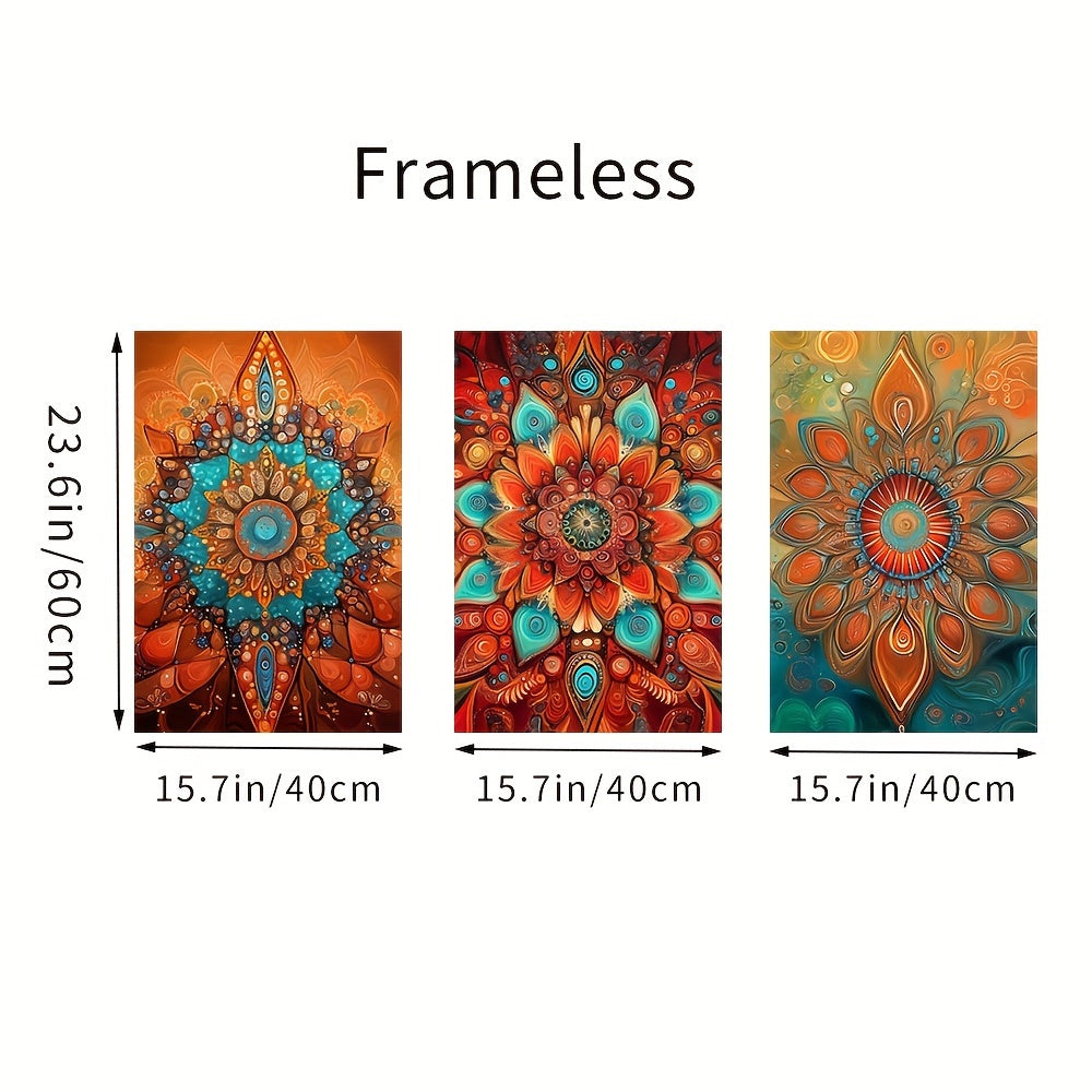 3pcs Bohemian Abstract Floral Canvas Art Set, Geometric Mandala Wall Decor, Unframed Spray-Painted Posters for Living Room, Bedroom, Home Office - Classic Retro Style, Vertical Orientation