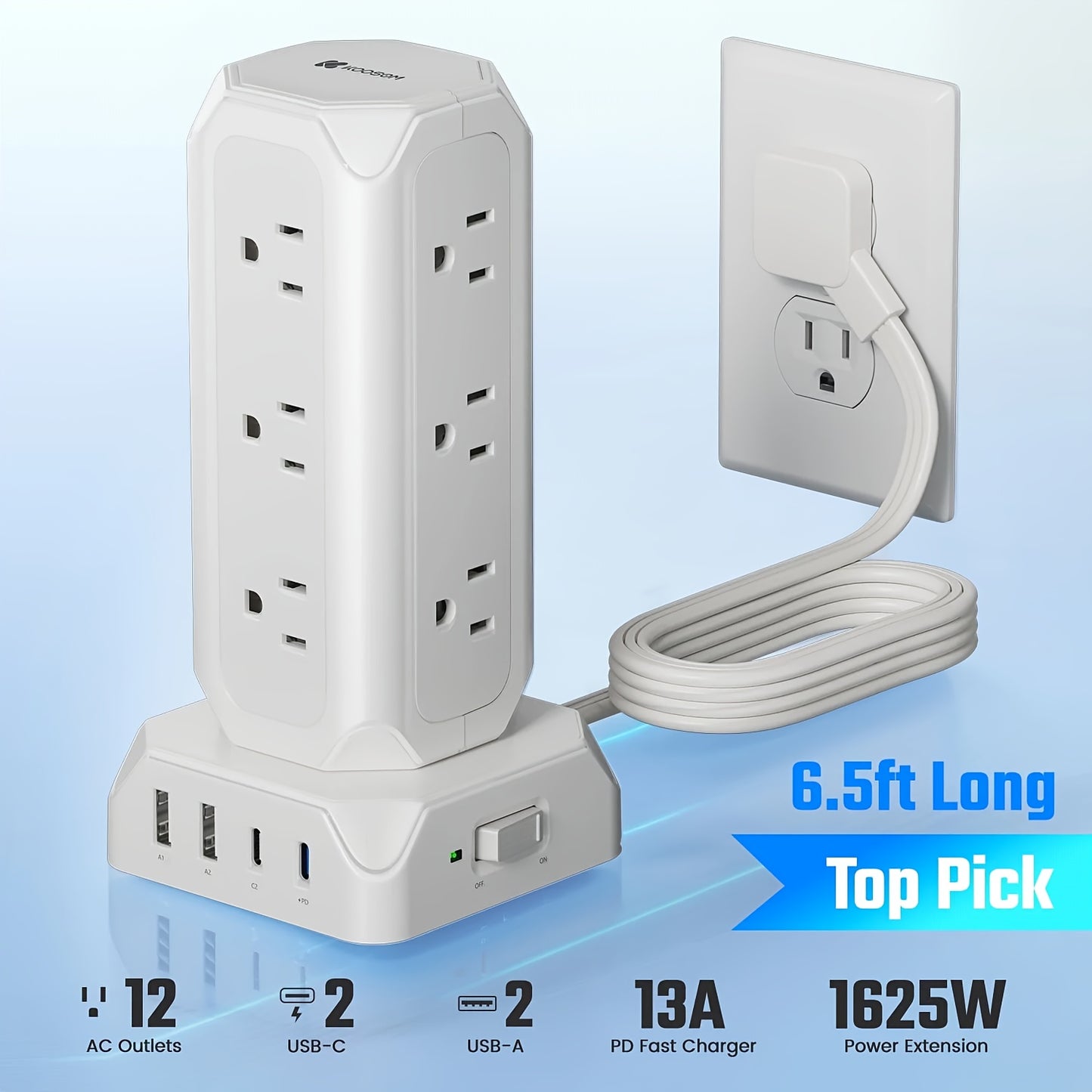 12 Outlets(1625W/13A) Power Strip Tower with 35W USB(2 USB-A & 2 USB-C) Charging Station, 20W PD Fast Charger, Surge Protector, 6.5/10/15ft Flat Plug Extension Cord with Multiple Outlets for Home, Office, Dorm, Multi Outlet P