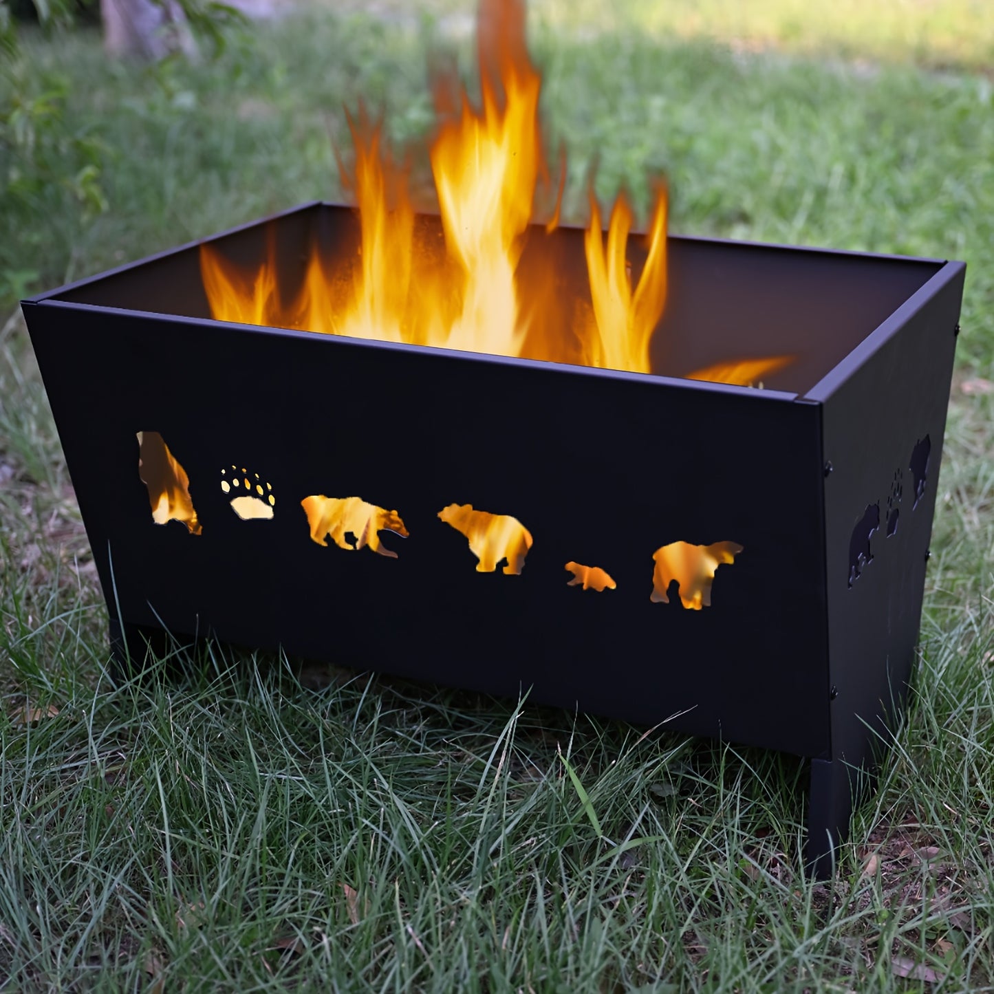 Spacious 26" High Steel Fire Pit with Wildlife Silhouettes - Rectangular Wood Burning Outdoor Fireplace, Mesh Screen Cover Included - Perfect for Patio, Backyard, Garden, Beach & Camping, Fire Pit Accessories