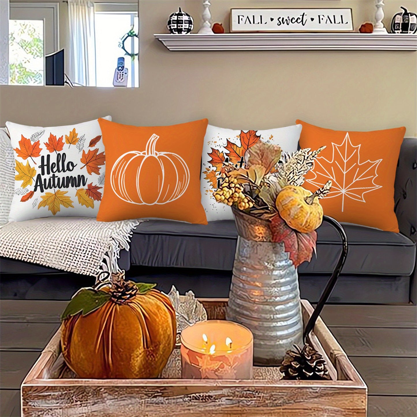 4pcs Autumn Blessings Hello Autumn Throw Pillow Covers Orange & White Maple Leaves Pumpkin Fall Farmhouse Thanksgiving Day Decorative Cushion Case for Bedroom Sofa Couch