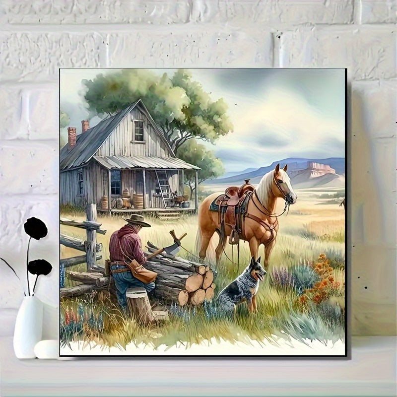 Simple Horse and Cowboy Diamond Painting Set - 15.75X15.75inch Full Round Crystal Glass Tile Art Set, Suitable for Beginners and Adults, Frameless Landscape Home Wall Decoration. Mosaic Puzzle Diamond Painting Handmade Set, H