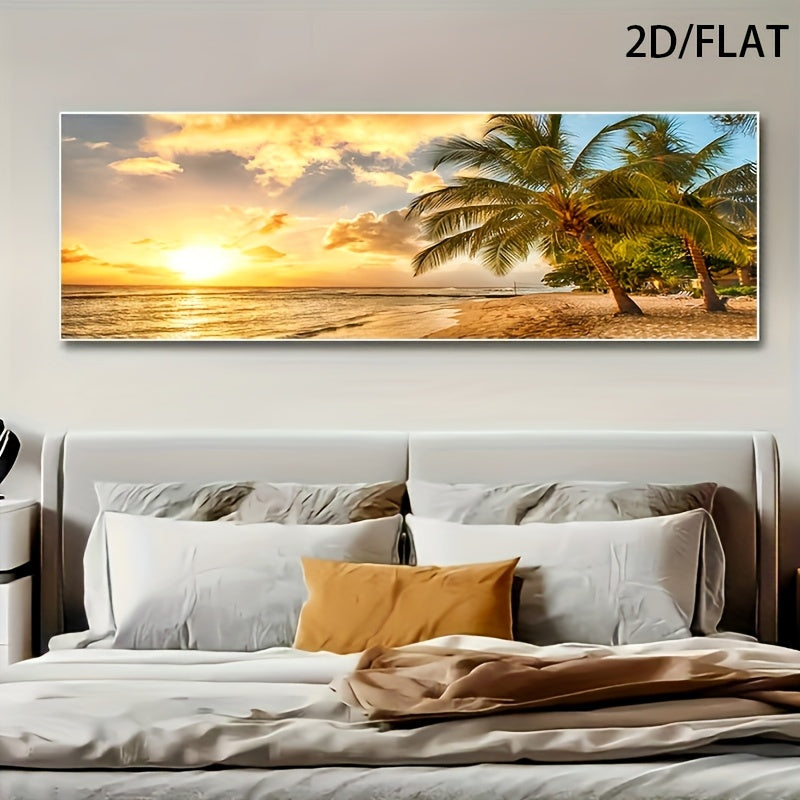 2D Flat, 1pc Modern Tropical Beach Sunset Canvas Wall Art - Large Palm Tree & Ocean View Poster, Frameless Indoor Living Room Decor, Vibrant Palm Tree Decor, 2D Flat