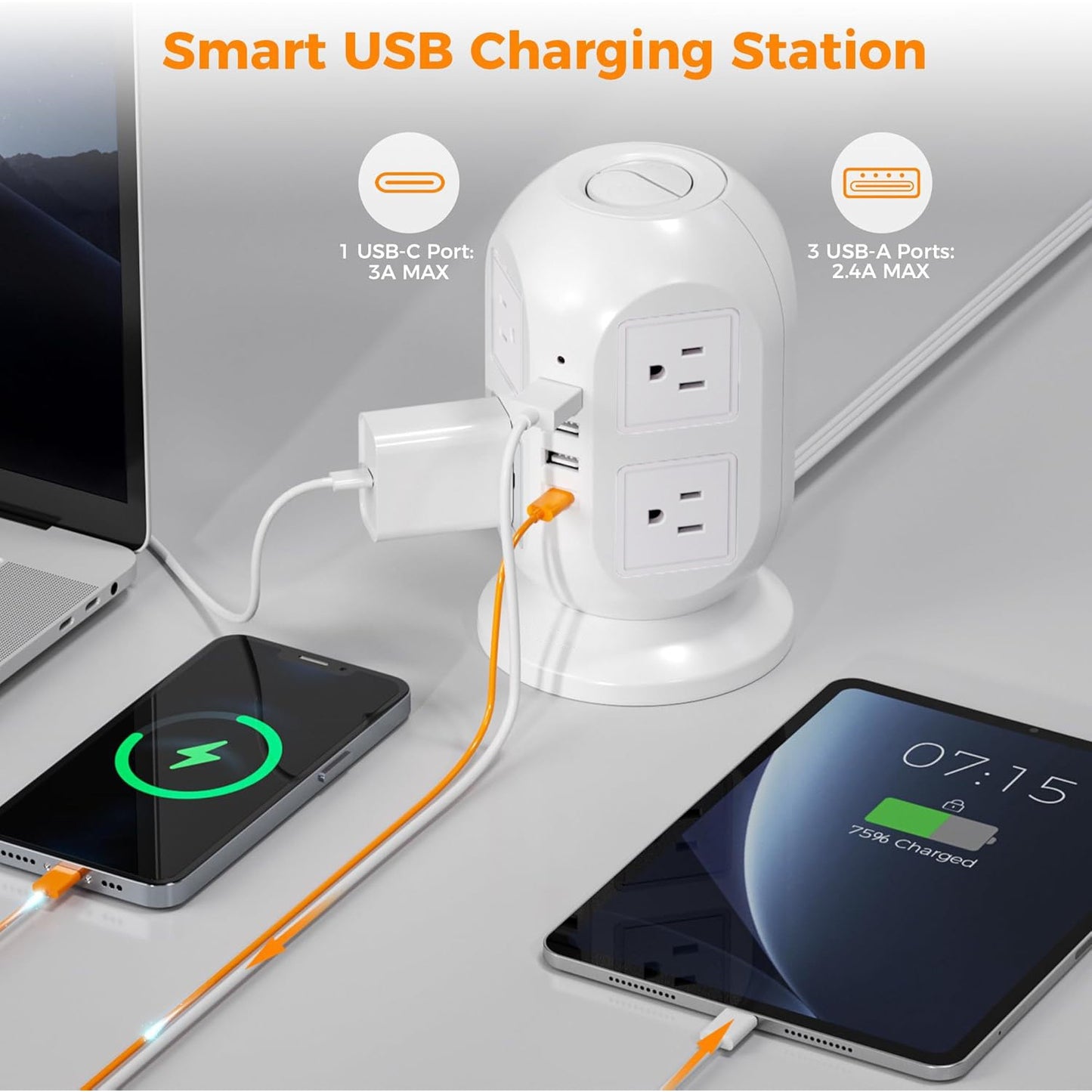 12 Outlets(1625W/13A) Power Strip Tower with 35W USB(2 USB-A & 2 USB-C) Charging Station, 20W PD Fast Charger, Surge Protector, 6.5/10/15ft Flat Plug Extension Cord with Multiple Outlets for Home, Office, Dorm, Multi Outlet P