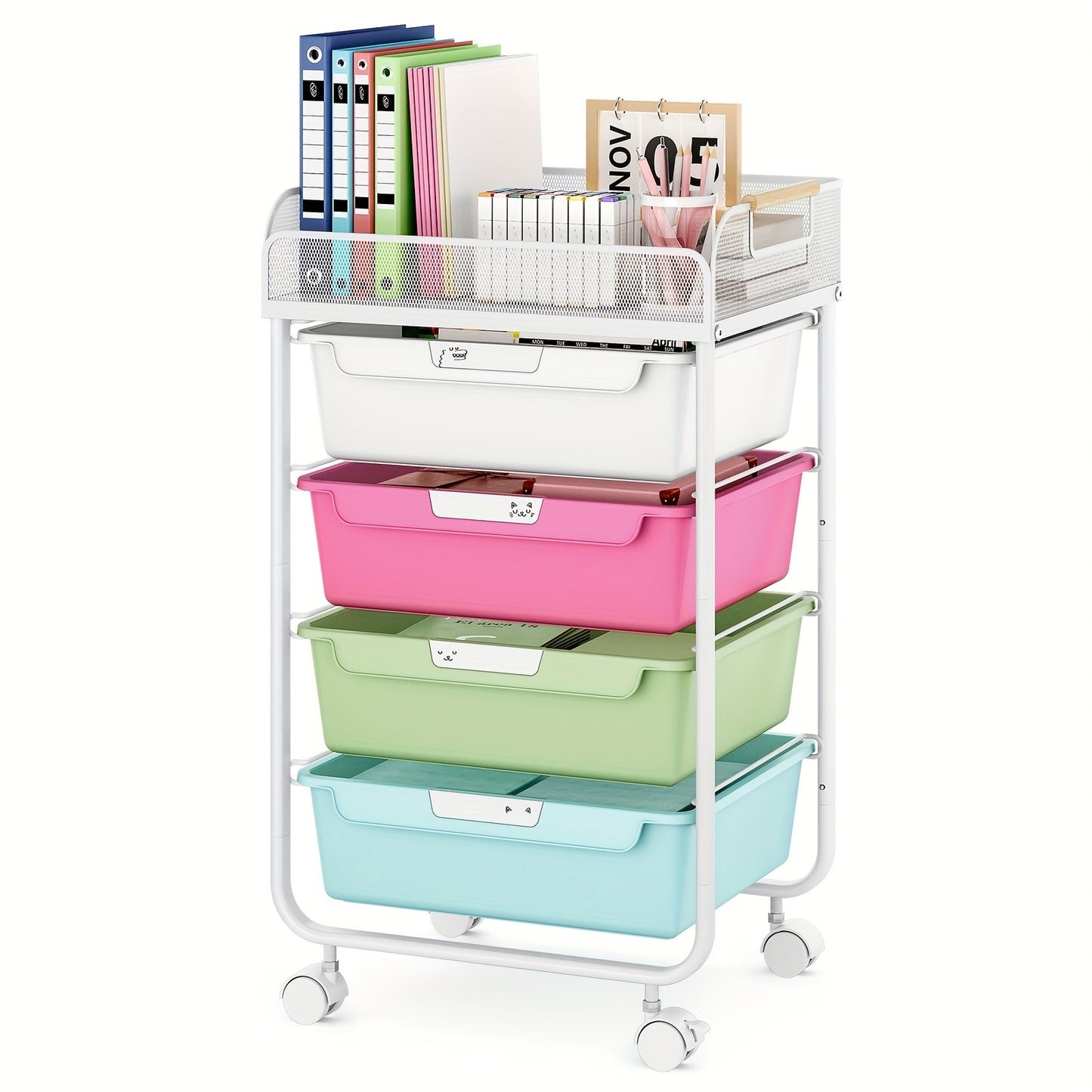 Pink Rolling Utility Cart with 4 Drawers & 4-Tier Mesh Top - Mobile Storage Organizer with 4pcs DIY Lable Drawers, Durable Metal Frame, 3.2 Cu Ft Capacity, Compact Under 27" Height for Office, Craft Room, Home Organization, S