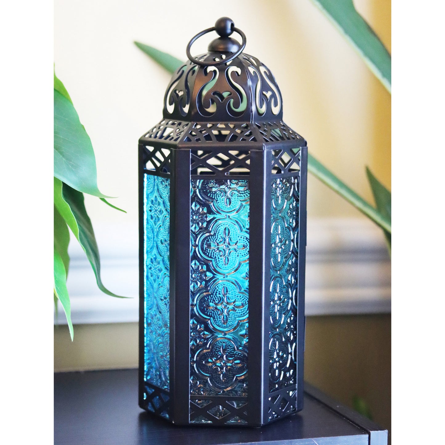 Stunning Ambient Lighting Safe and Stylish Glass Metal Moroccan Candle Lantern Holder Lamp with Battery-Operated LED Lights plus Remote Control – Handcrafted Lantern with Intricate Design and Embossed Glass, Indoor Home Dec