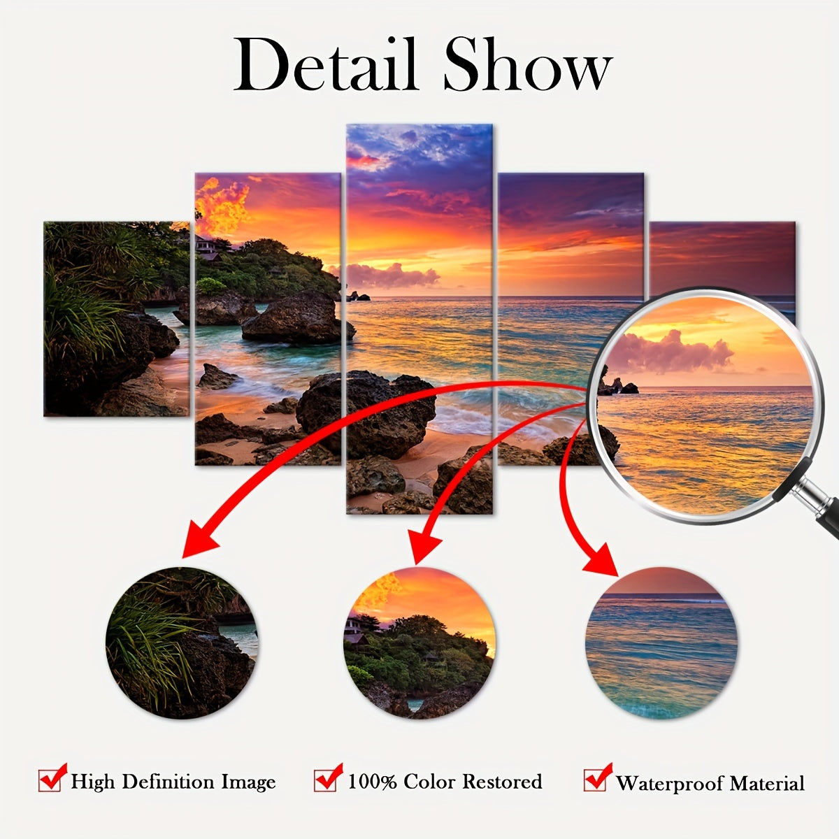 5pcs Frame Nature Seaside Lakes Canvas Poster, Sunrise Sunset Sea View Five Panel Scene Art, Modular Picture, Print Painting, Modern Art, Ideal Decor for Bedroom Living Room Kitchen Dorm, Wall Decoration, Gift for Family Frie