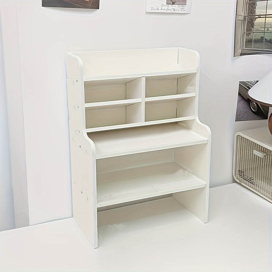Ergonomic Double-Layer Dorm Desk Organizer with Slanted Pen Holder, Heightening Bookshelf & Drawer Storage - Matte White PVC, Ideal for Stationery, Cosmetics & Office Supplies, Dorm Room Organizer|Modern Desk Organizer|Compar