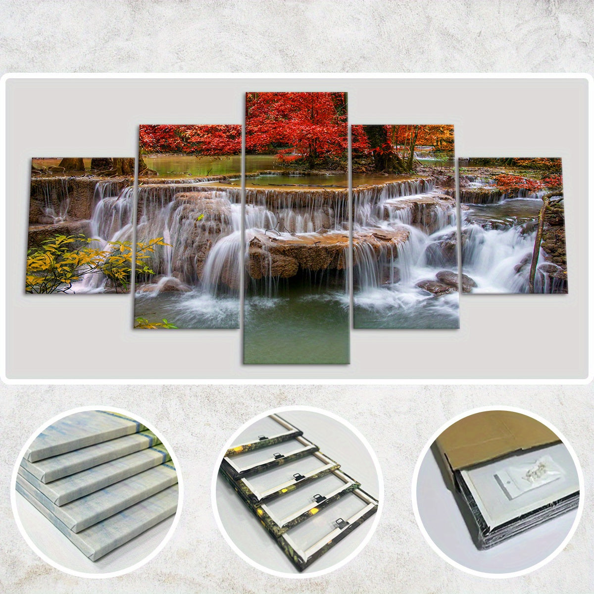 5pcs Wooden Framed Canvas, Jungle And Stream Theme Poster, Pattern Art for Home Decoration, Wall Decor for Living Room, Bedroom, Office, Bar, Restaurant, High Quality Waterproof Painting, HD Artwork.