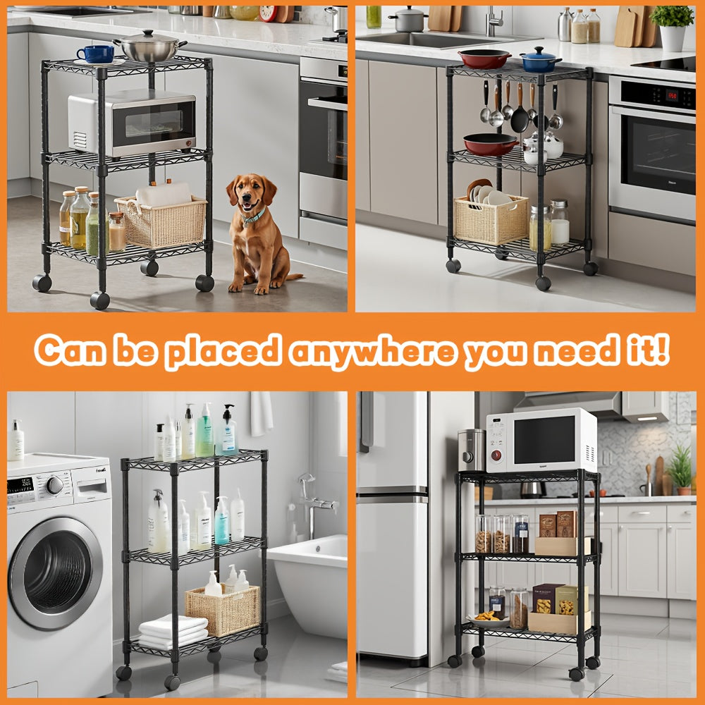 Adjustable Height Heavy-Duty Steel Wire Shelving Unit with 4-Wheel Mobility & Leveling Feet - 3-Tier Metal Storage Shelves with Chrome Finish, Space-Saving Freestanding Organizer for Kitchen, Bathroom, Garage, Laundry Room -