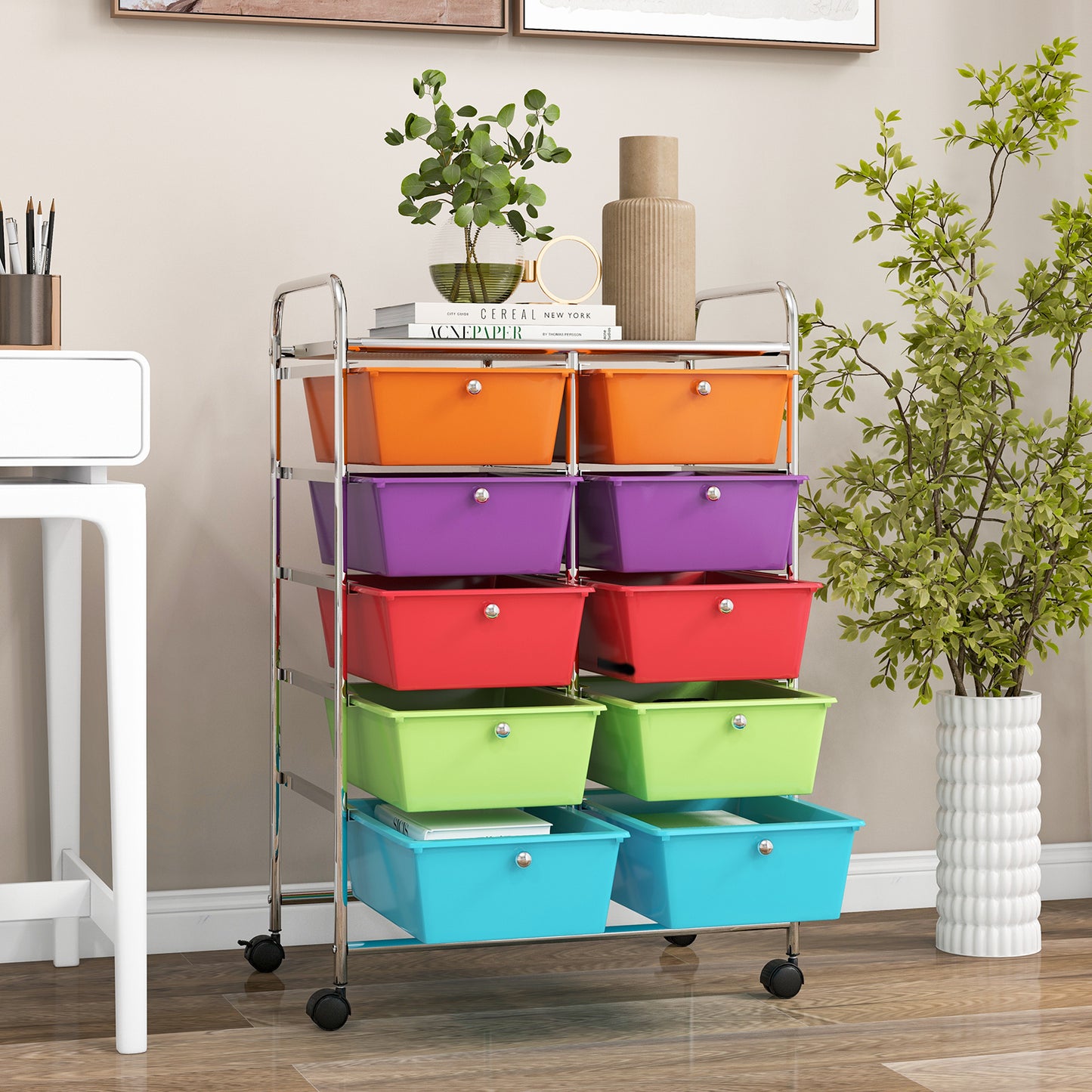 LIFEZEAL 10-Drawer Rolling Storage Cart with Lockable Wheels, Heavy-Duty Metal Frame & Removable Drawers - Multicolor Organizer for Home, Office, Classroom, Kitchen - 26"x14.5"x34"