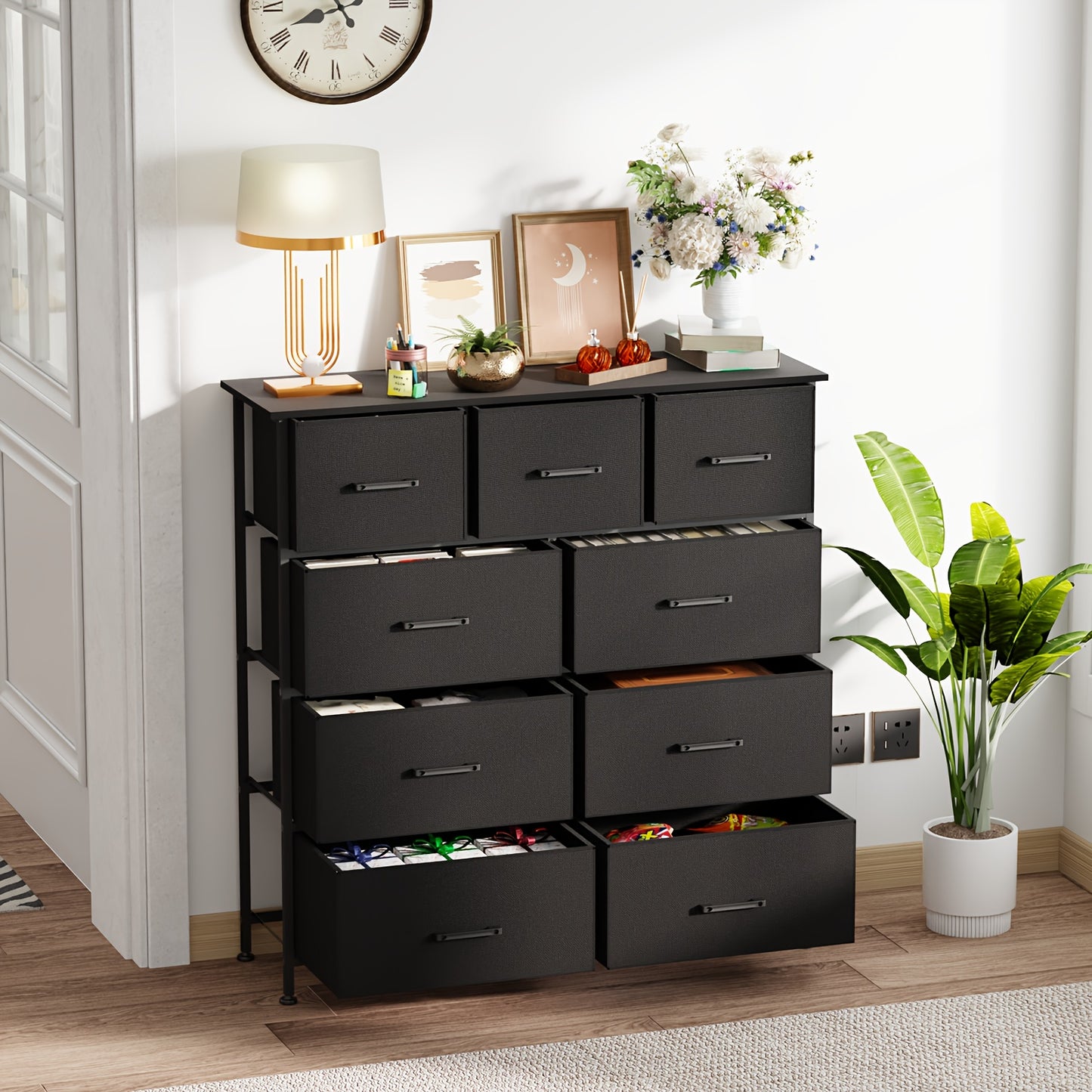 5/8/9 Fabric Drawers Dresser For Bedroom, Storage Drawers, Chest Organizer Units With Wooden And Steel Frame Top For Bedroom, Living Room, Closet, Living Room, Entryway, Black/Grey/Nature