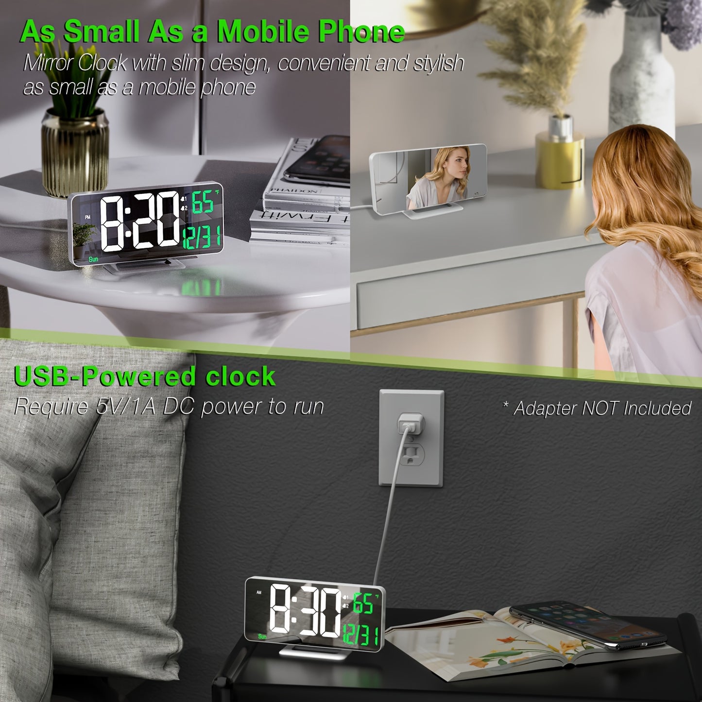 1pc Alarm Clock For Bedroom, 6. 7" Desk Digital Clock, Led Clock, Mirror Clock, Dual Alarm Clock For Living Room With Seconds, Date, Week, 12/24h, Dimming