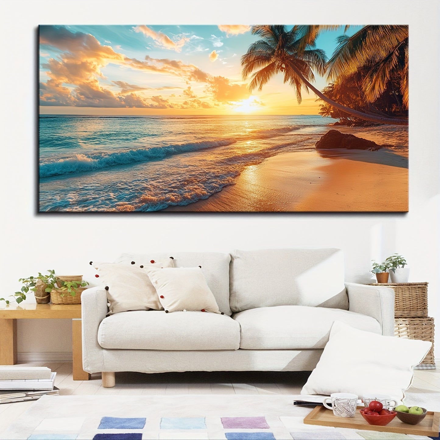 1.5-Inch Thick Pine Solid Wood Frame, Natural Scenery Canvas Mural, Ocean Sunset Coastal Scenery Beach Picture Wall Decoration, Sea Poster Sea View Wall Decoration, Modern Relaxing Sunrise Skyline Painting, Suitable for Bathr