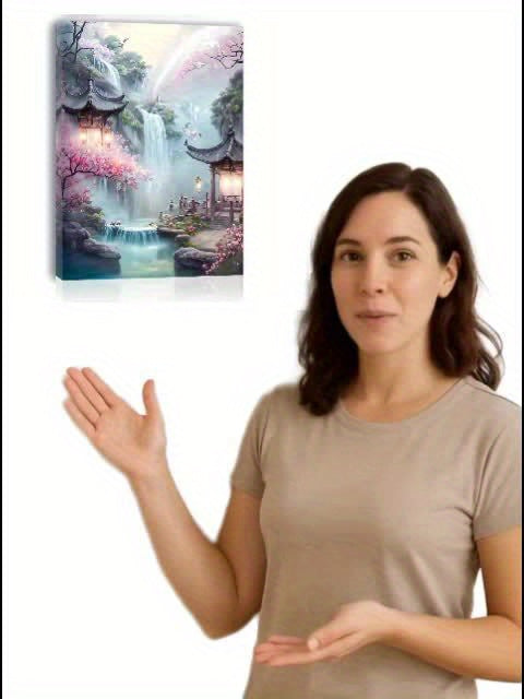 1pc Cherry Blossom Waterfall Scenery Canvas Wall Art, Wooden Framed Print for Living Room, Bedroom, Office - Ideal for Bachelorette Party Decor, Unique Gift for Her or Him, 11.8x15.7 inches
