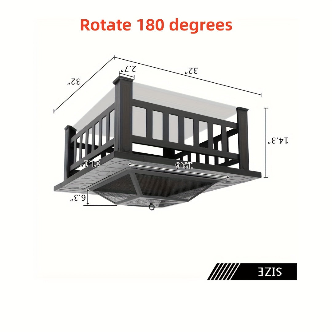 with Safety Net Cover! Imitation Stone Texture Elegant Black Charcoal Wood-burning Fire Pot with Fire Poker + Drainage Hole for Patio Barbecue And Heating. Enjoy Barbecue Parties In Spring, Summer, Autumn And Winter
