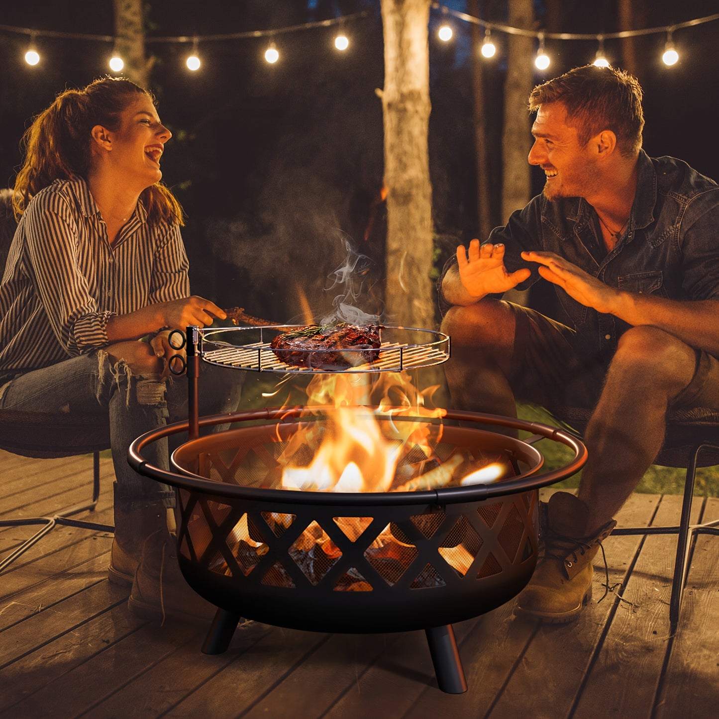 30" 2-in-1 Fire Pit with Metal BBQ Grill & Spark Screen - Durable Zinc Alloy Outdoor Fire Pit for Patio, Backyard, and Garden Use - Black Wood Burning Design with Handles for Easy Handling