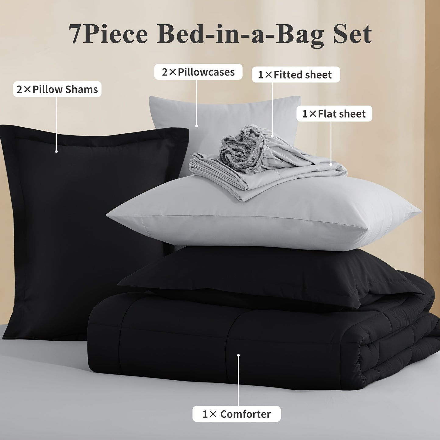 7pcs Ultra-Soft Bed In A Bag, Down Alternative Bedding Sets with All Season Quilted Comforter, Flat Sheet, Fitted Sheet, Pillowcases - Gifts for The Family And Friends, RUIKASI, Machine Washable, Polyester 100, Acrylic 15, Sa