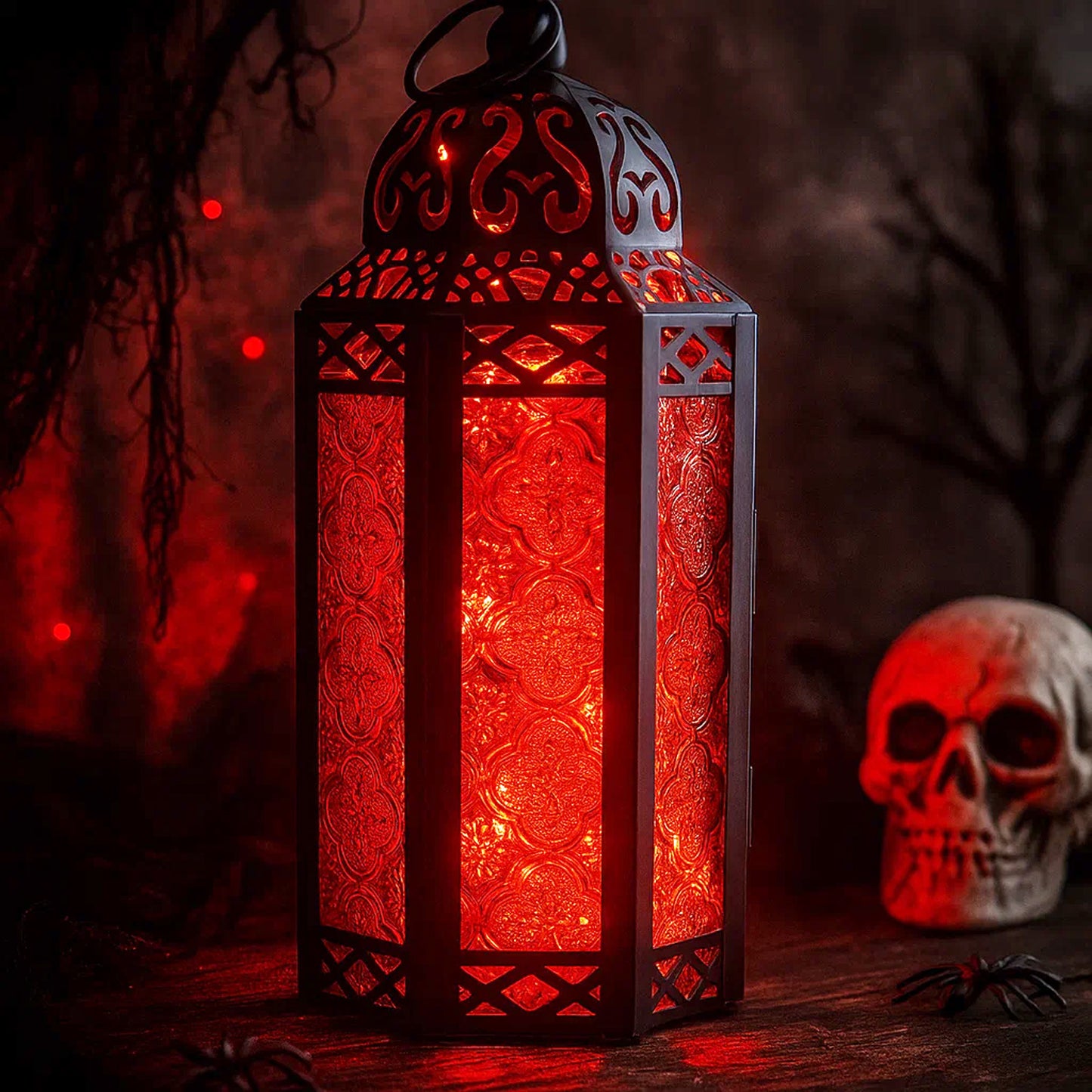 Stunning Ambient Lighting Safe and Stylish Glass Metal Moroccan Candle Lantern Holder Lamp with Battery-Operated LED Lights plus Remote Control – Handcrafted Lantern with Intricate Design and Embossed Glass, Indoor Home Dec