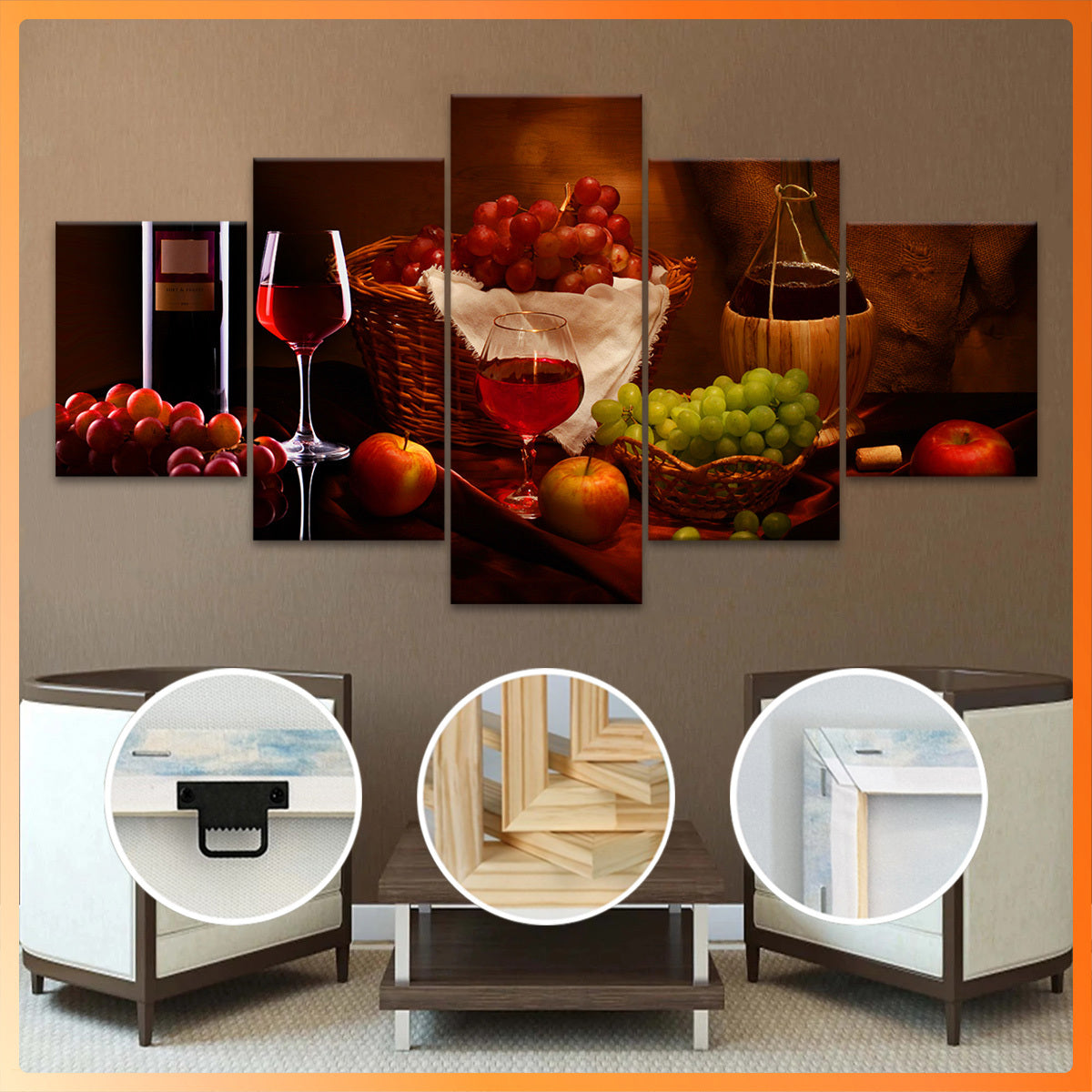 5pcs Exquisite Wooden Framed Wine Painting Canvas, Good Gift for Friend, Pattern Art for Home Decoration, Wall Decor for Living Room, Bedroom, Office, Bar, Restaurant, Waterproof, Odorless Painting, High Quality Waterproof Fr