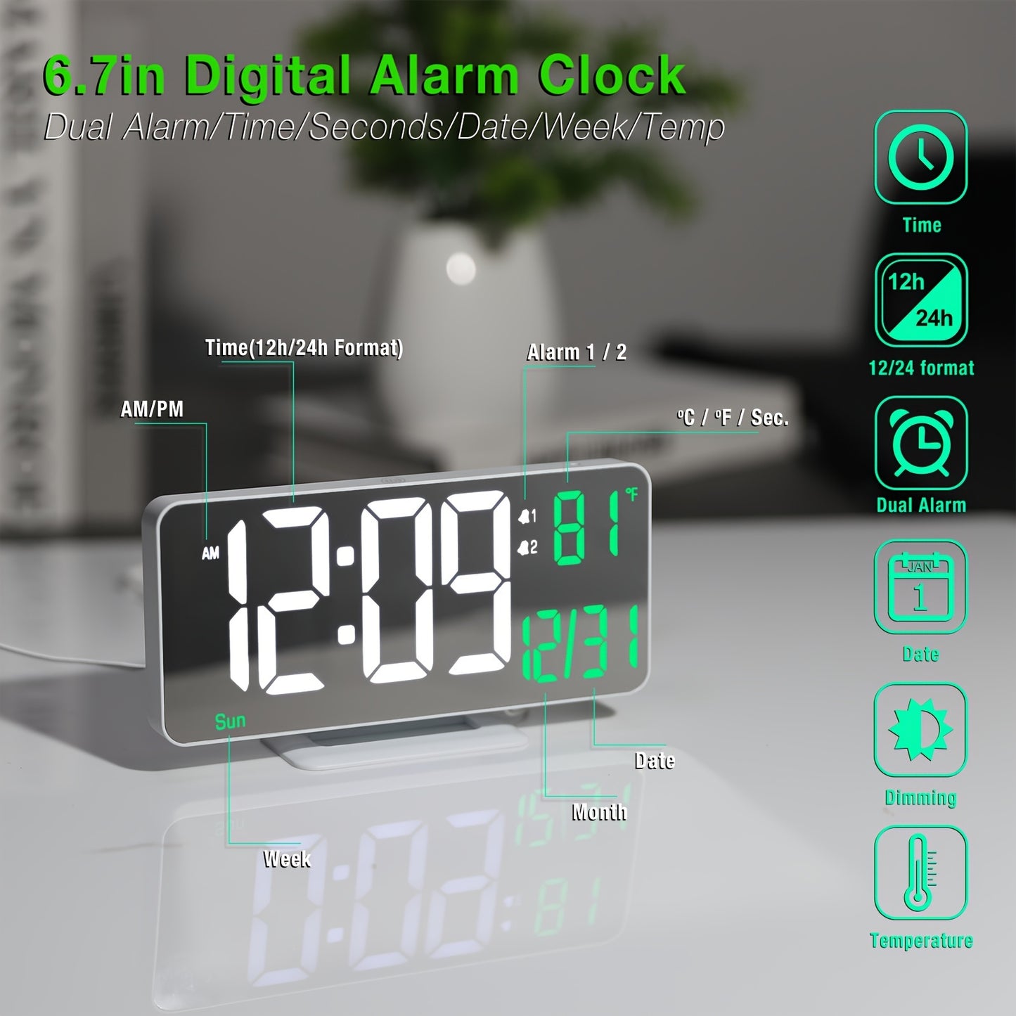 1pc Alarm Clock For Bedroom, 6. 7" Desk Digital Clock, Led Clock, Mirror Clock, Dual Alarm Clock For Living Room With Seconds, Date, Week, 12/24h, Dimming