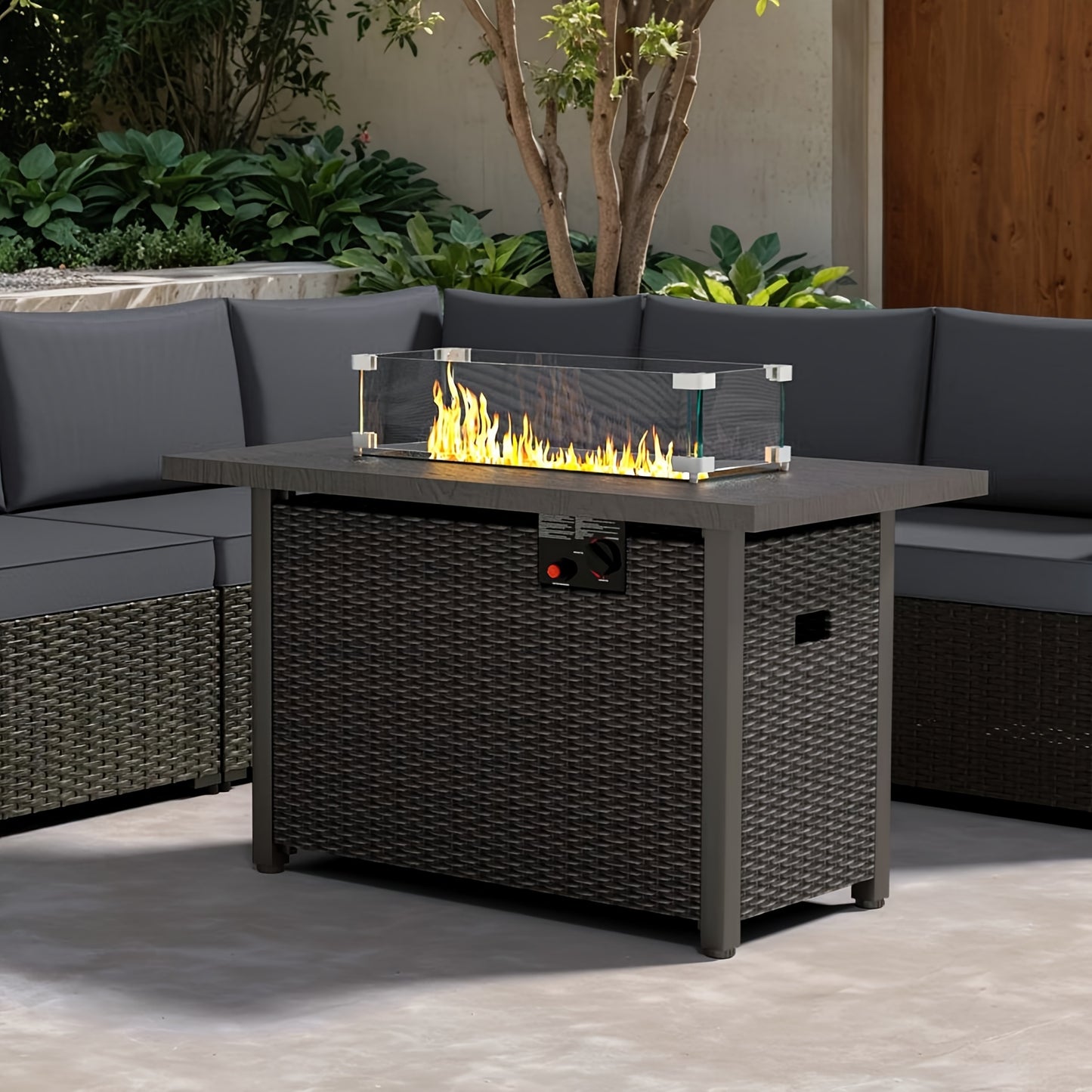 42" Propane Fire Pit Table, 50, 000 BTU, Brown Rattan and Metal with Glass Windshield, Lid, and Blue Glass Stones - Ideal for Outdoor Patio Use