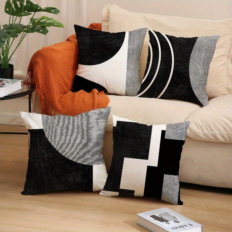 4-Pack Black & White Geometric Print Pillow Covers - Mid-Century Modern Abstract Design, Zipper Closure, Machine Washable Decorative Cushion Covers for Sofa, Bedroom, Living Room - Mother's Day & Father's Day Gift (No Insert
