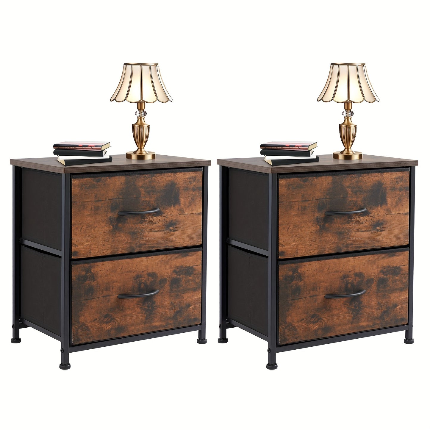OLIXIS Set Of 2 Nightstand With 2 Storage Drawers, 20" Height Small Furniture End Table, Wooden Top Fabric Cabinet Night Stand Mini Dresser, Office Storage Cabinet, Suitable For Office