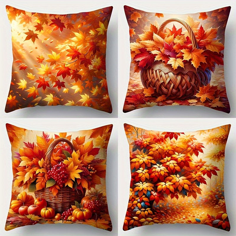 4pcs Autumn Harvest Decorative Throw Pillow Covers - Fall Leaves, Pumpkins, Grapes & Berries in Orange, Yellow, Red, - Zipper Closure Cushion Cases for Farmhouse, Bohemian Living Room, Sofa - Machine Washable Polyester (14x14