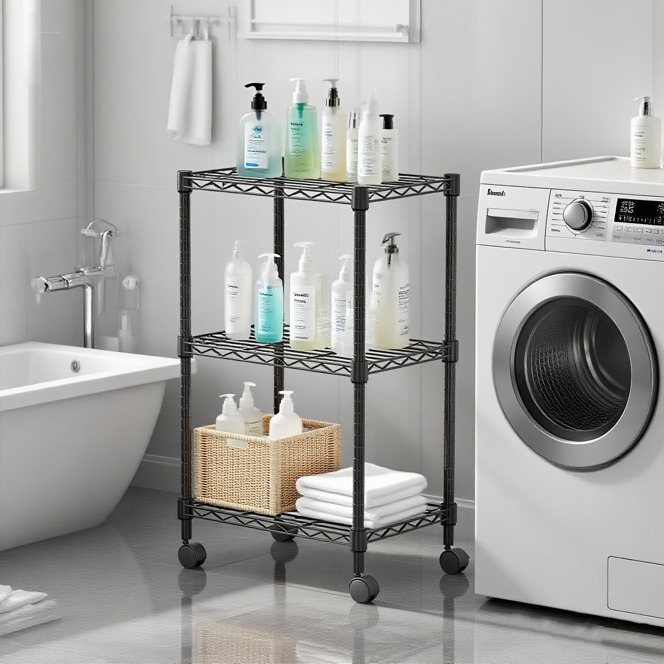 Adjustable Height Heavy-Duty Steel Wire Shelving Unit with 4-Wheel Mobility & Leveling Feet - 3-Tier Metal Storage Shelves with Chrome Finish, Space-Saving Freestanding Organizer for Kitchen, Bathroom, Garage, Laundry Room -