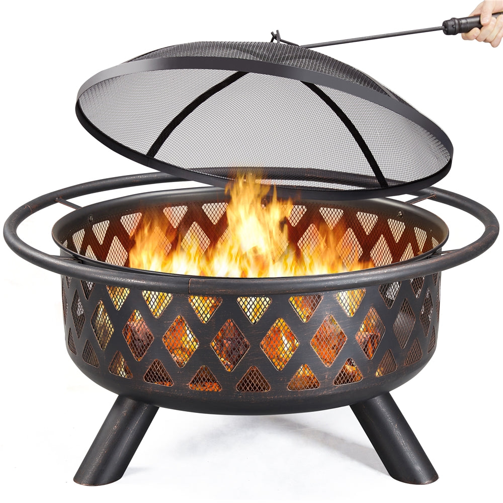 Costoffs Halloween Outdoor Iron Fire Pit Round Metal Outside Firepit with Mesh Screen Poker Rain Cover for BBQ/ Patio/ Backyard, Bronze