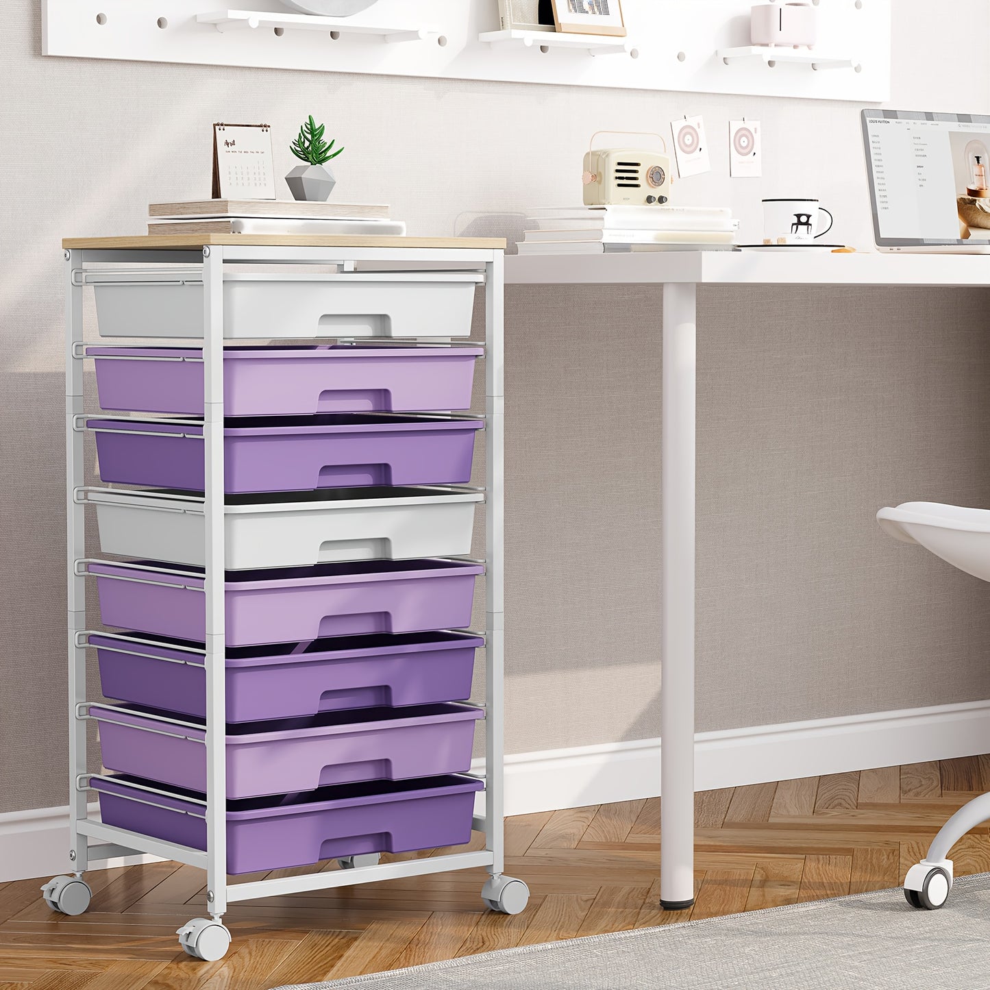 Rolling Storage Cart with Drawers, Utility Cart with 8 Drawers And Tabletop, Rolling Drawer Cart, Storage Drawer Cart for Living Room, Classroom, Bedroom, Bathroom, Dorm, Office, Dark Grey
