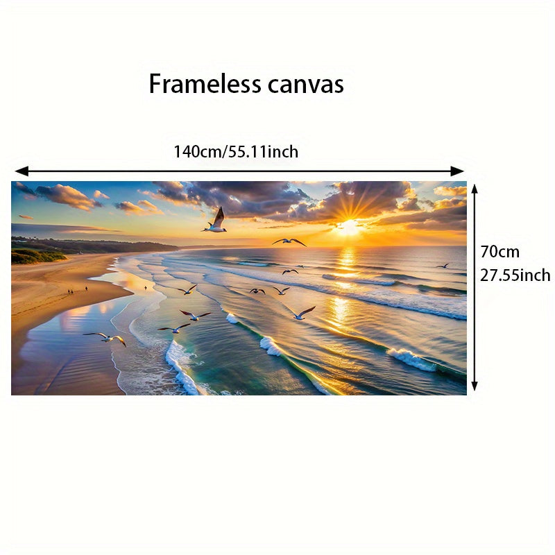 1pc Frameless Modern Beach Sunset Canvas Poster, 27.55x55.11 inches, Waves and Seagulls Wall Art for Bedroom and Living Room Decor, No Frame, Coastal Home Decor