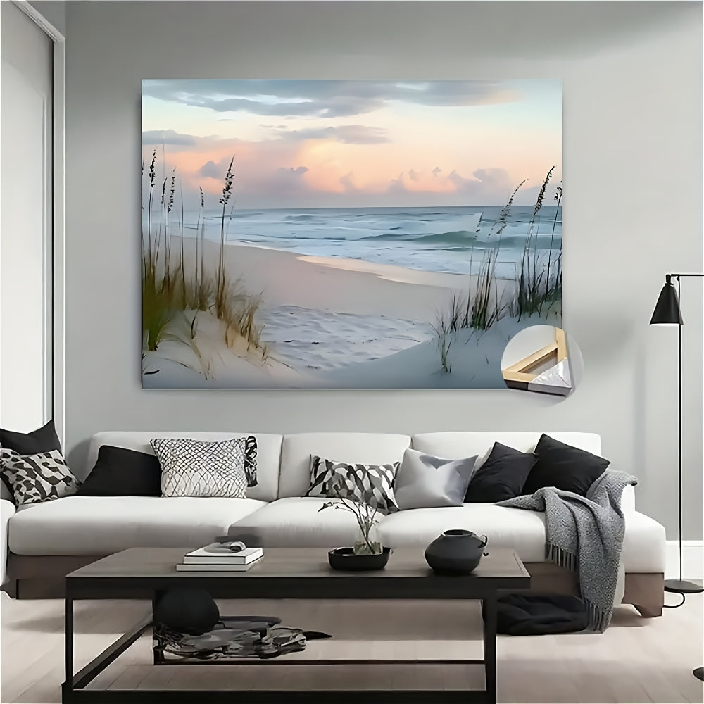 1pc Wooden Framed Canvas Beach Seascape Wall Art - Serene Ocean View with Dunes & Coastal Grass, Waterproof Canvas Print, Wrap-Around Frame for Home & Office Decor, Wedding, Anniversary, Graduation Class of 25 Decorations, We