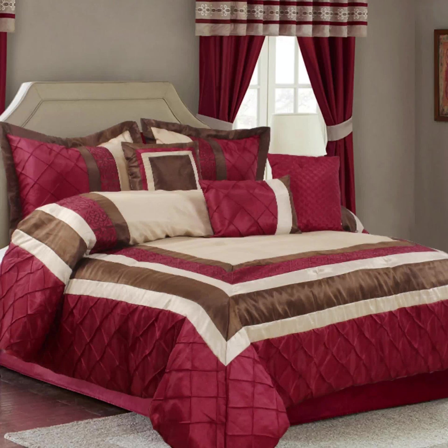 7 Piece Comforter Set -Burgundy Series Patchwork Diamond Pintuck-MYA Bed In A Bag Queen Size-Soft, Hypoallergenic, Fade Resistant-1 Comforter, 2 Shams, 3 Decorative Pillows, 1 Bedskirt