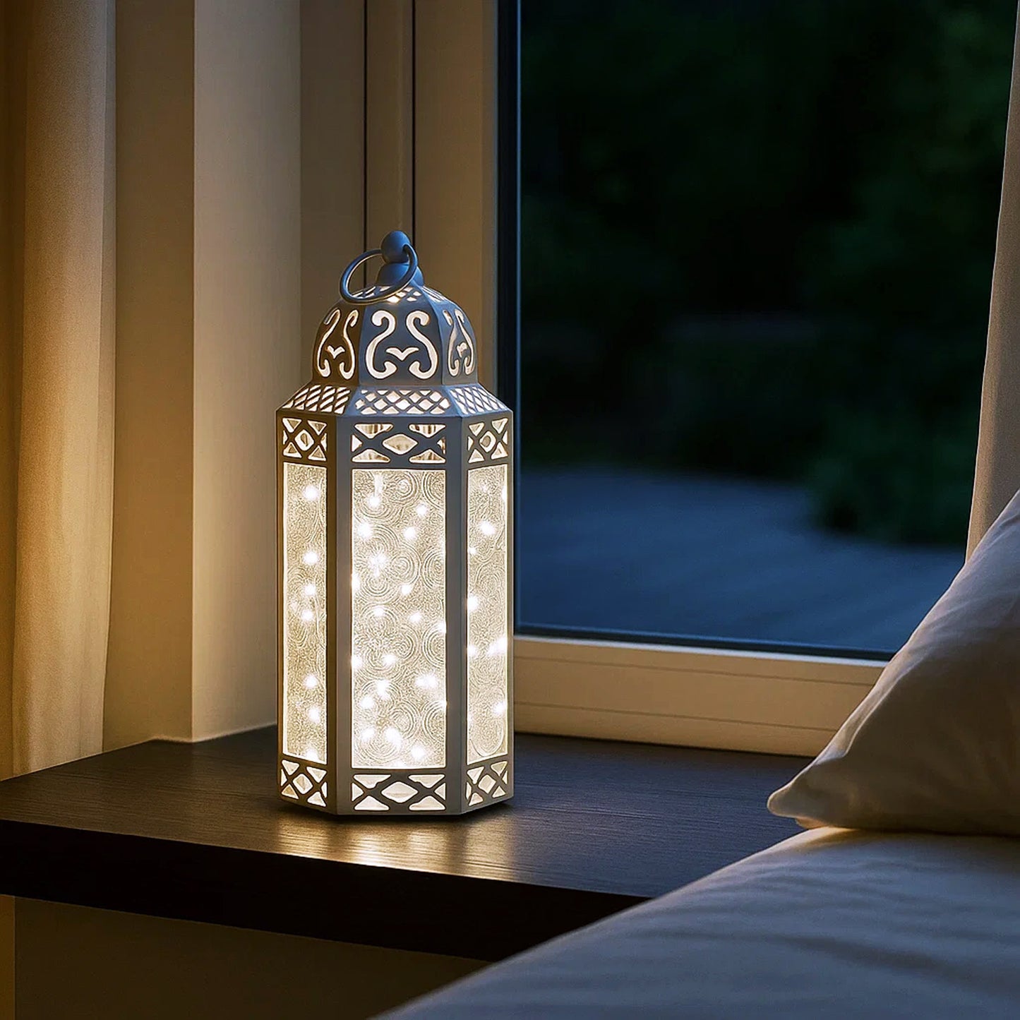 Stunning Ambient Lighting Safe and Stylish Glass Metal Moroccan Candle Lantern Holder Lamp with Battery-Operated LED Lights plus Remote Control – Handcrafted Lantern with Intricate Design and Embossed Glass, Indoor Home Dec