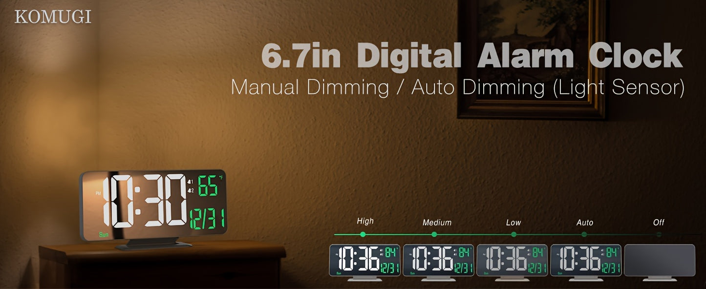 1pc Alarm Clock For Bedroom, 6. 7" Desk Digital Clock, Led Clock, Mirror Clock, Dual Alarm Clock For Living Room With Seconds, Date, Week, 12/24h, Dimming