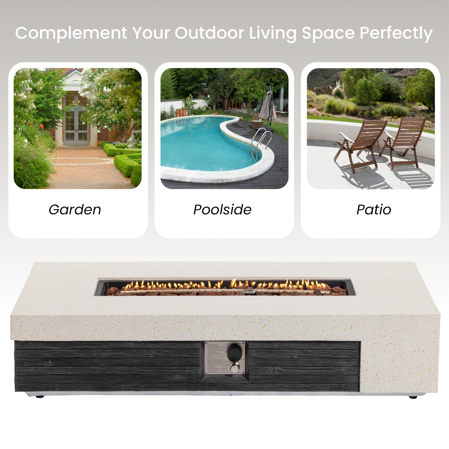 Outdoor Propane Fire Pit with Push Button Ignition - Heavy-Duty 50,000 BTU Patio heater, Modern Black & White dual-tone design, Waterproof, for Backyard, Garden, Poolside, Commercial Use - All-Season Outdoor heating, Backyard