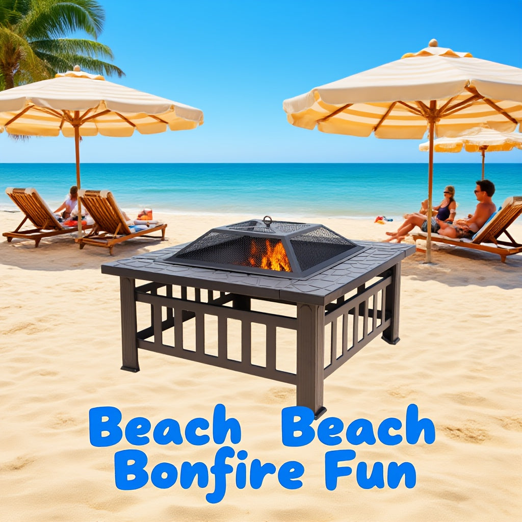 with Safety Net Cover! Imitation Stone Texture Elegant Black Charcoal Wood-burning Fire Pot with Fire Poker + Drainage Hole for Patio Barbecue And Heating. Enjoy Barbecue Parties In Spring, Summer, Autumn And Winter