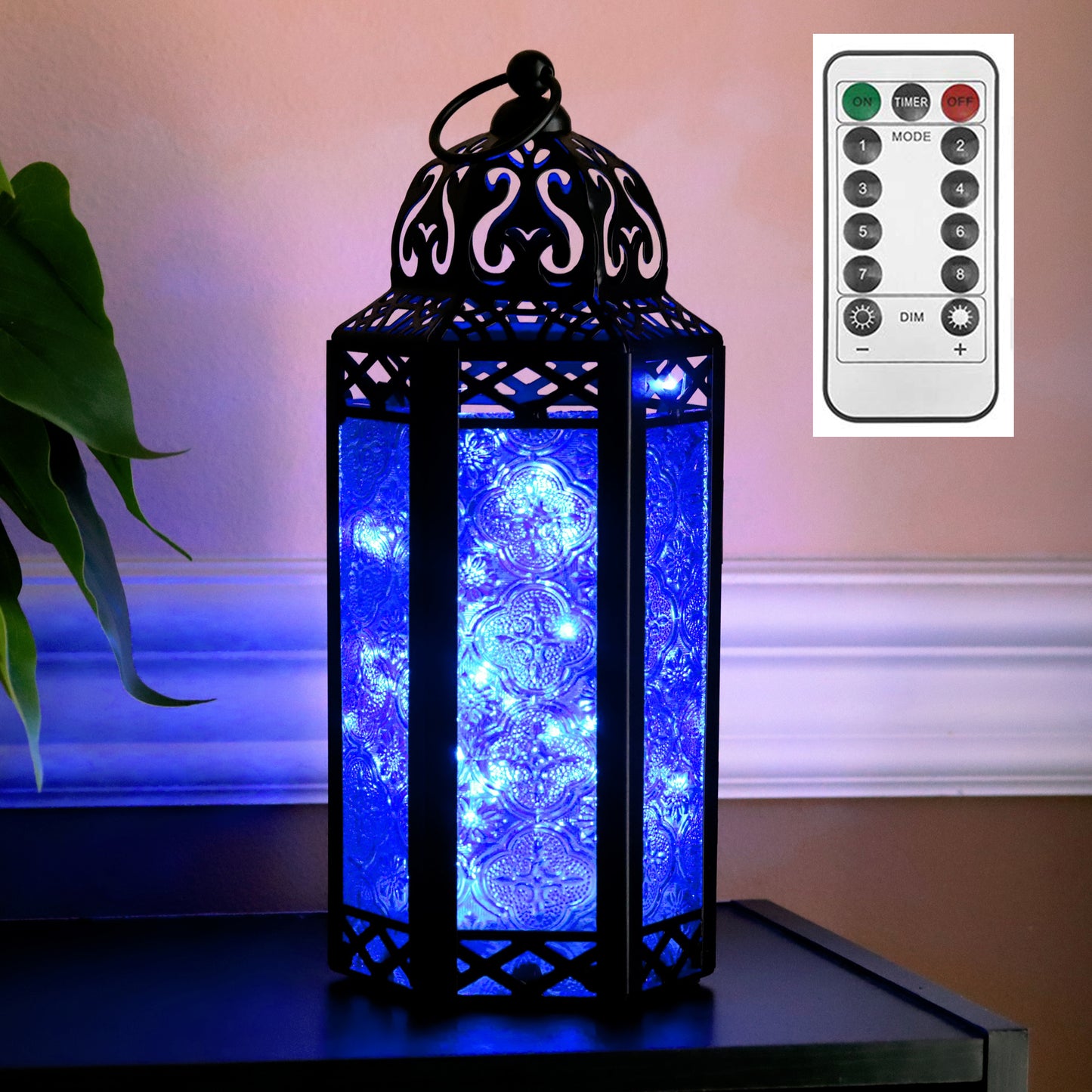 Stunning Ambient Lighting Safe and Stylish Glass Metal Moroccan Candle Lantern Holder Lamp with Battery-Operated LED Lights plus Remote Control – Handcrafted Lantern with Intricate Design and Embossed Glass, Indoor Home Dec